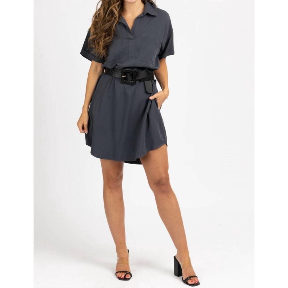 Fore Collared Shirt Dress Gray Tencel Mini Shift Pockets-Small